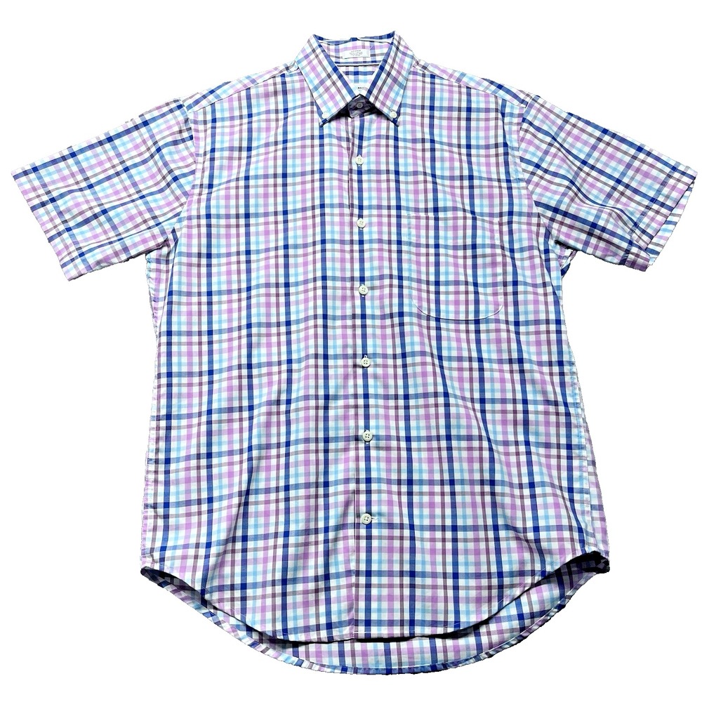 Peter Millar Crown Ease Short Sleeve Shirt Mens‎ Medium Purple Blue Plaid Cotton